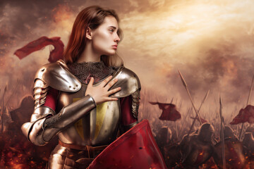 A woman in shiny armor stands confidently with her hand on her heart, gazing thoughtfully into the distance amidst a battlefield filled with warriors and banners