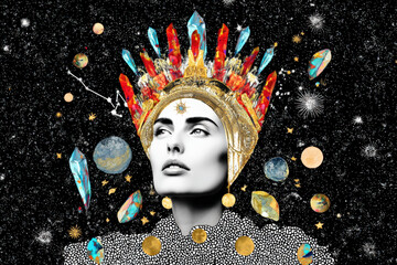A woman with pale skin and dark hair adorned with a crown of stars, crystals, and planets embodies cosmic beauty against a starry background