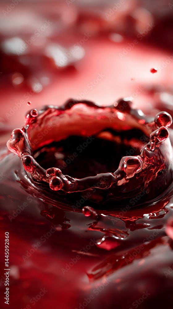 Poster close-up of red liquid splash, creating a dynamic and vibrant crown shape, symbolizing energy, movem