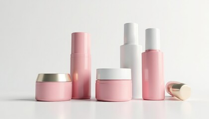 Various cosmetic containers on pristine white backdrop, containers, texture