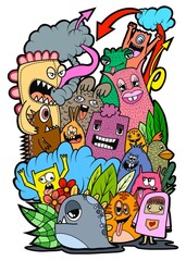 Hand-drawn illustrations, monsters doodle, Hand Drawn cartoon monster illustration,Cartoon crowd doodle hand-drawn Doodle style.