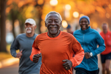 BEAUTIFUL diverse group of senior men happily participate in beautiful runner club, engaging in group workouts and running together on vibrant street for vibrant purpose of elderly fitness, urban well