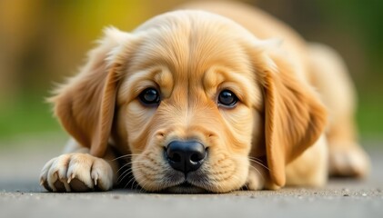 Golden Retriever puppy lies down, looking directly at camera , playful puppy, retriever