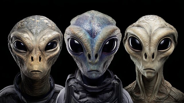 Three realistic alien beings with large black eyes and textured skin standing together in dark sci-fi setting