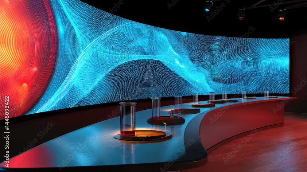 Poster a modern diagnostics center features a curved digital display with vibrant blue and red graphics, sl