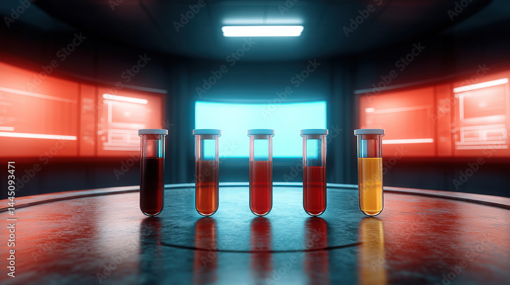 Poster test tubes filled with various colored liquids are prominently displayed on a table in a modern diag