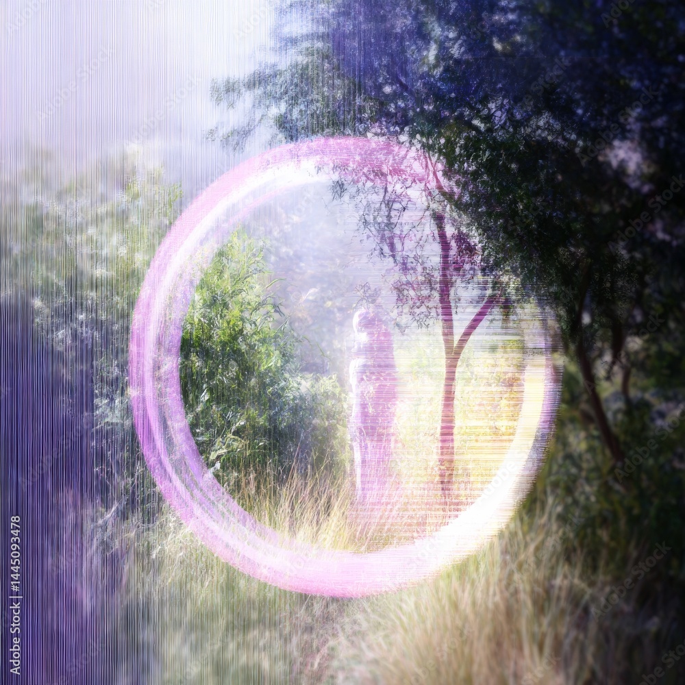 Poster ethereal encounter: a glimpse into nature's realm through abstract filter, featuring a person and vi