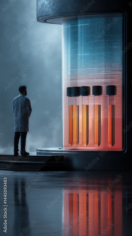 Poster a scientist in a lab coat stands contemplatively before a large glass container with glowing vials, 