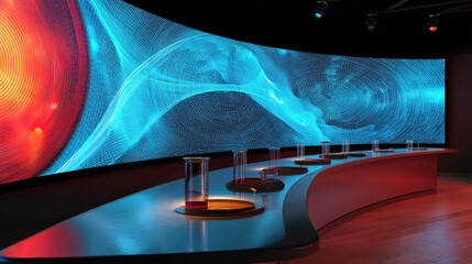 A modern diagnostics center features a curved digital display with vibrant blue and red graphics, sleek tables with glass containers, creating a futuristic atmosphere