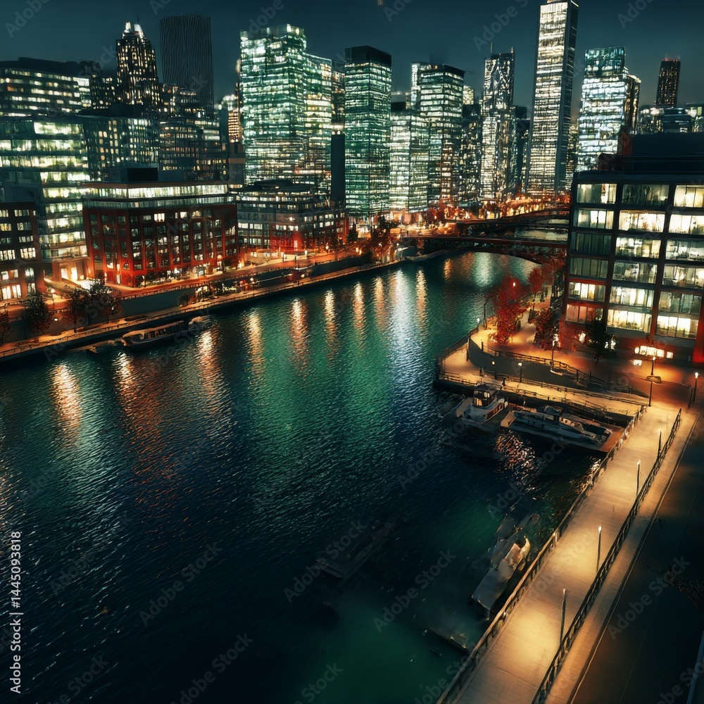 Poster illuminated cityscape at night: reflections on the waterway with a bustling downtown in the backgrou