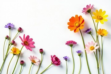 Obraz premium Delicate, scattered wildflowers on white background, summer, small