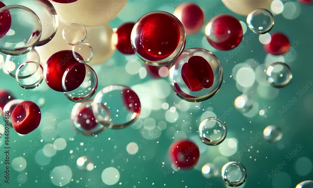 Poster the video captures red blood cells floating amidst bubbles in a fluid, creating a vibrant and dynami