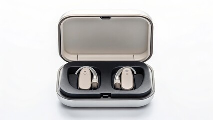 hearing aids device innovation concept High-quality hearing aids displayed in a sleek case for accessibility and convenience.