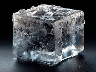 Obraz premium Clear ice cube with bubbles reflecting light against a dark background creates an intriguing visual effect