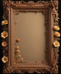 Deeply carved wood frame, blooming flowers around aged scroll; ethereal glow,  glow,  vine