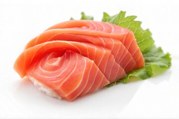Sushi Nigiri with Fresh Salmon Fillet and Garnish on White Background