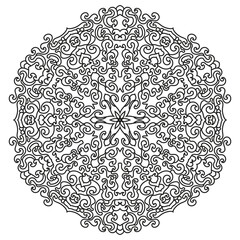 Detailed Islamic mandala design in black and white with complex symmetry, ideal for adult coloring pages, decorative artwork, and spiritual illustration.