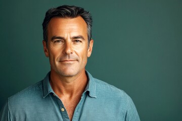 Fototapeta premium Classy men's ivy league haircut - midlife white man with black hair. A man with timeless elegance and a natural smile. Green solid background. Idea of style for aging men.