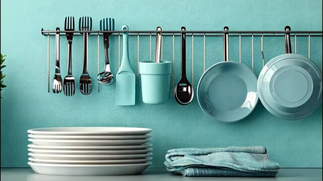 Hanging utensils on blue wall with kitchen tools arranged neatly. 