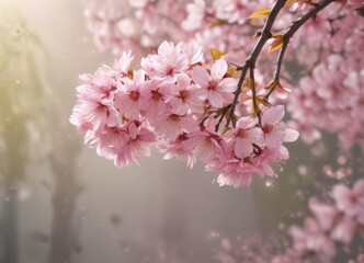 Naklejka premium Delicate pink sakura petals drift against a softly blurred background of a blossoming sakura tree , springtime, petals