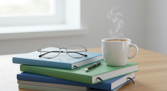 Stack of notebooks with coffee and glasses