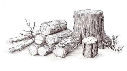 Vintage sketch engraving of cut wood logs, branches, and a large tree stump isolated on white background