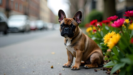 Urban Bulldog Sitting by Flower Bed City Canine Moment