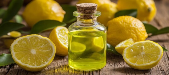 Citrus essential oil in glass bottle. Fresh bergamot fruits with green leaves on wooden table.