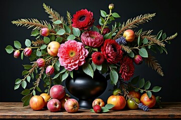 Vibrant floral and fruit arrangement in black vase with dahlias and apples