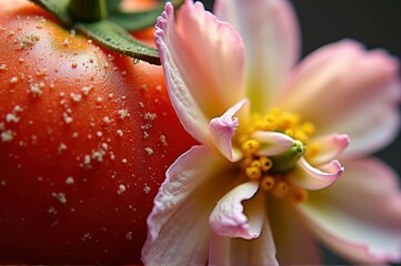 Macro shot of dewy cherry tomato and blooming pink flower in harmony