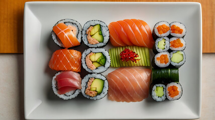 Exquisite Sushi Assortment a meticulously arranged plate showcasing an array of colorful sushi rolls, including those featuring salmon, avocado, and tuna.