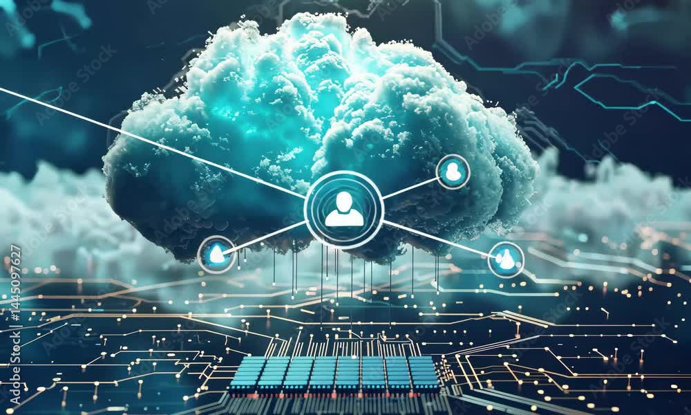 Poster a digital cloud hovers over a circuit board, representing modern technology and data storage. the sc