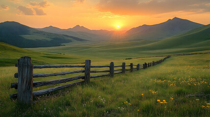 Serene Sunset Over Mountain Meadow with Rustic Fence