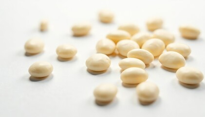 Scattered white beans on pure white background, still life, photography, collection