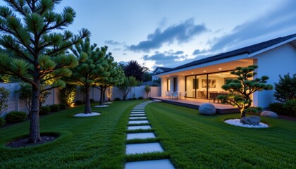 Fototapeta premium Evening serenity in a modern garden tranquil home landscape outdoor photography calm atmosphere inviting perspective