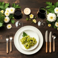 National Wine Day celebration with grapes and elegant dinner Elegant table setting featuring grapes, wine glasses, and flowers on a wooden surface.