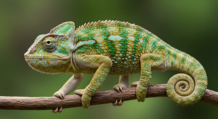 Stunning Chameleon CloseUp Vibrant Green Reptile in Nature isolated on transparent background