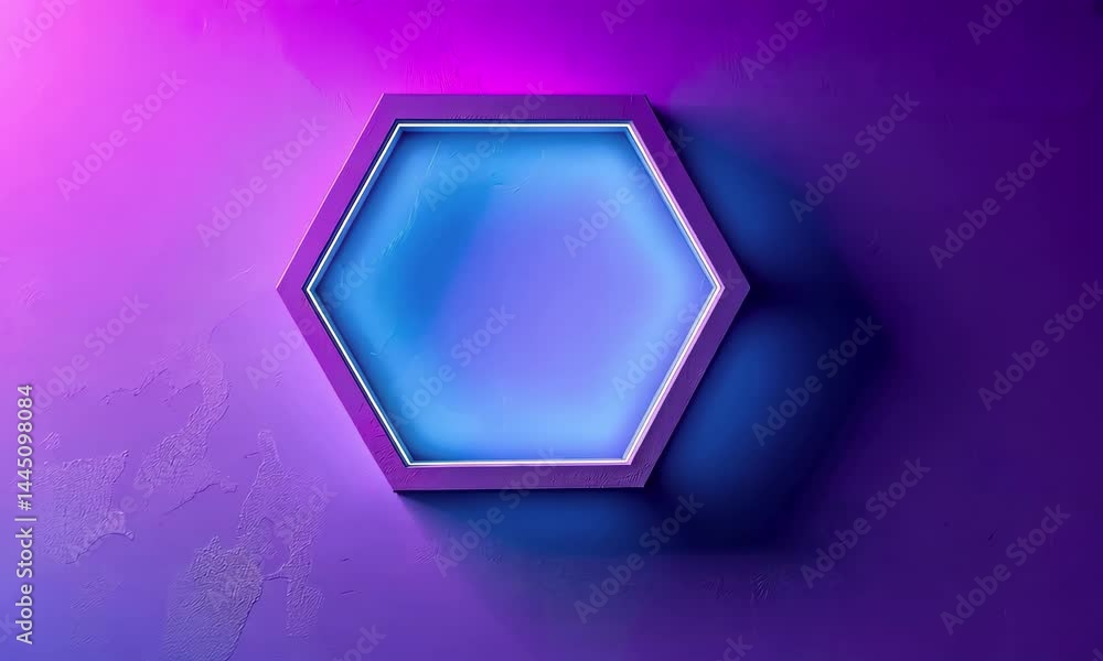 Poster a hexagonal display shines with a mix of blue and purple neon light, casting soft shadows on a textu