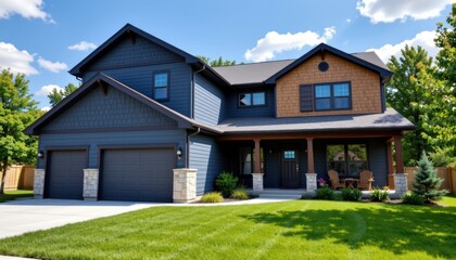 Fototapeta premium Modern family home exterior suburban neighborhood real estate photography clear sky wide angle contemporary design