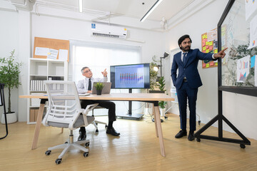 In a contemporary office, two senior executives with a mission to brainstorm and monitor the progress of a business project