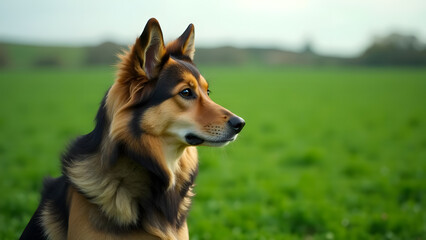 Alert German Shepherd in Green Field Watchful Dog Scanning Horizon