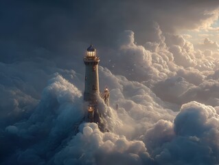 A towering lighthouse, adrift in a sea of clouds.