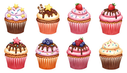 Delightful Collection of Cartoon Cupcakes with Various Toppings Transparent Background 