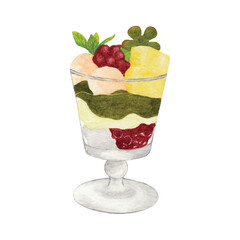 Watercolor illustration of a Japanese-style parfait with matcha jelly, fruits, mochi, whipped cream, and red bean paste in a glass. Perfect for dessert menus, packaging, label, banner or food designs.