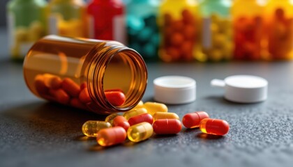 Pill bottles and capsules pharmacy product photography indoor close-up health and wellness