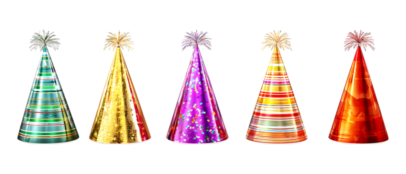 Pack of Party Hats in Five Different Poses Against Transparent Background for Celebration Design, Festive Branding, or Event Promotion Projects