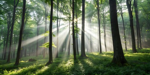 Fototapeta premium Sunbeams in the Forest: Mystical sunbeams pierce through the dense canopy of a tranquil forest, illuminating the verdant undergrowth in a breathtaking display of natural light. 