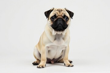 Adorable pug dog sitting, isolated on white background, image, molosser, wrinkled face