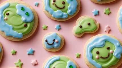 Seamless pattern with gingerbread cookies in the form of a globe decoration with a smile on a pink background.