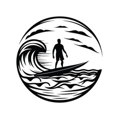 Silhouette Surfer Riding Wave. Black and white icon of seascape with sky clouds